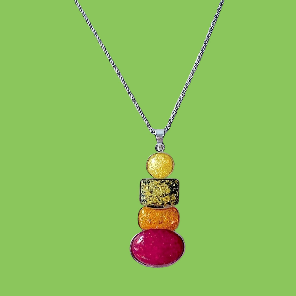 Sparkling Funky Multicolor Pendant Necklace Silver Rope Chain 18”